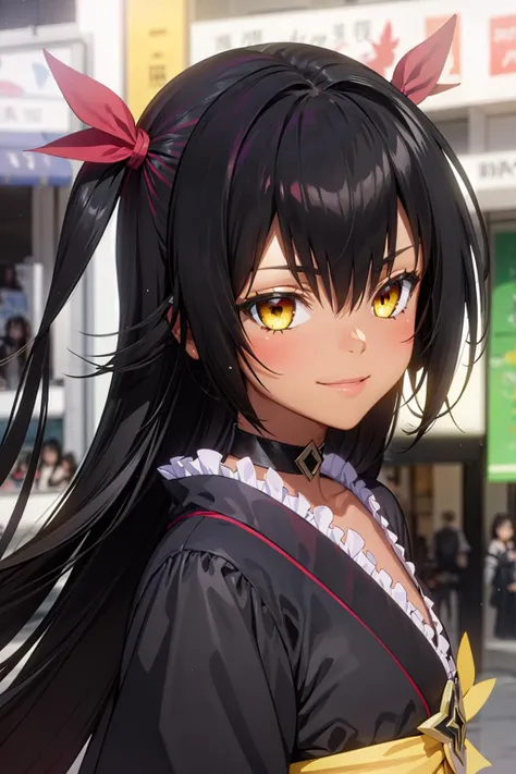 best quality, masterpiece, portrait, 1girl, aster nemesis, dark-skinned female, black hair, very long hair, yellow eyes, flat chest	kimono, obi, ribbon, twin tails, looking at viewer, outdoors, city, night, smile, 
<lora:Kizuki - To Love Ru - Nemesis:0.9>