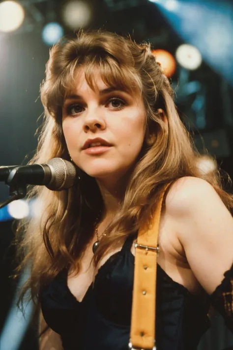 <lora:Stev1eN1cks:0.85>,stev1en1cks,bokeh,focus on face,1970's style hairdo,f1.4,40mm,photorealistic,raw,8k,skin pores,textured skin,intricate details,dramatic light,award winning,style by Dan Winters,RAW photography,film grain,(indistinguishable from reality:1.4),photo taken with a Bolex H16,long hair,on stage,concert lighting