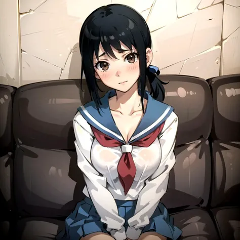 c0uchc4sting, cleavage, large breasts, blush, shy, sitting on couch, from above, looking at viewer <lora:c0uchc4sting:0.7> <lora:KagaAi:0.4>, Kaga, blue skirt, school uniform, serafuku, very small ponytail,