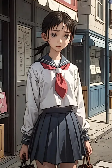 (masterpiece:1.2), ultra detailed, <lora:KagaAi:0.7>, Kaga, school uniform, very small ponytail, blue skirt,serafuku, shaded face, people, small twon, street, shops, best quality, <lora:Adddetail:0.7>