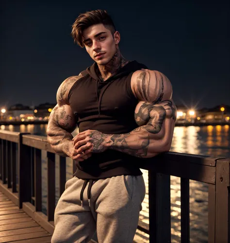 <lora:jakipz-v1:0.5> jakipz, tattoos, handsome young male, posing on the pier boardwalk at night leaning on the railing, wearing a crewneck, realistic, professional photo 4k, high resolution, high detail, soft cinematic light, intricate, highly detailed, sharp focus, cinematic look, insane details, intricate details, hyperdetailed, low contrast, soft cinematic light, exposure blend