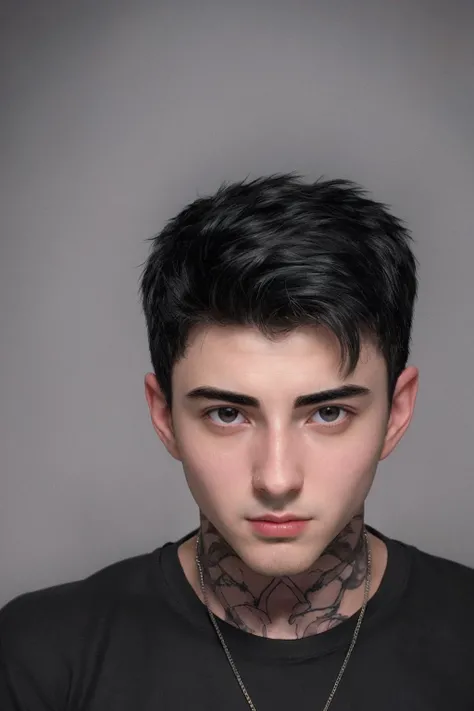 closeup headshot photo of male jakipz <lora:jakipz-08:0.85> wearing a form-fitting black t-shirt, simple dark gray backdrop, soft directional lighting, confident expression