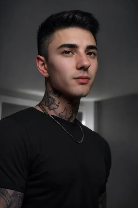 closeup headshot photo of male jakipz <lora:jakipz-08:0.85> wearing a form-fitting black t-shirt, simple dark gray backdrop, soft directional lighting, confident expression, neck tattoo