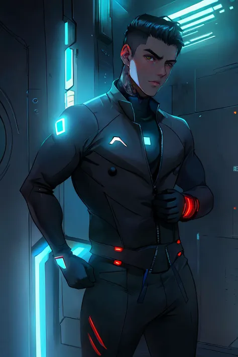 photo of male jakipz with tattoos <lora:jakipz-08:0.85> standing in a futuristic room in a short-sleeved body suit, unzipping suit, wearing gloves, moody atmosphere, soft diffused lighting, stern expression, brows furrowed, moody atmosphere, natural lighting, ambient lighting, (neon lighting:0.5), cyberpunk