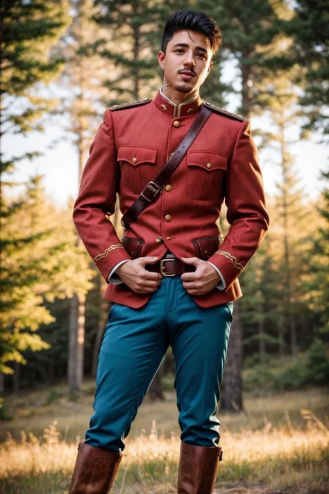 photo of male jakipz with tattoos <lora:jakipz-08:0.85> leaning against a tree outdoors in Alberta Canada forest wearing a bright red Canadian mountie uniform with belt and (blue pants), holding belt, natural scenery, blurred background, golden hour, natural lighting, serious expression, (eyes squinted:0.5), confident expression, goatee