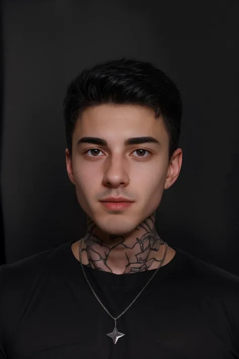 closeup headshot photo of male jakipz <lora:jakipz-08:0.85> wearing a form-fitting black t-shirt, simple dark gray backdrop, soft directional lighting, confident expression, neck tattoo