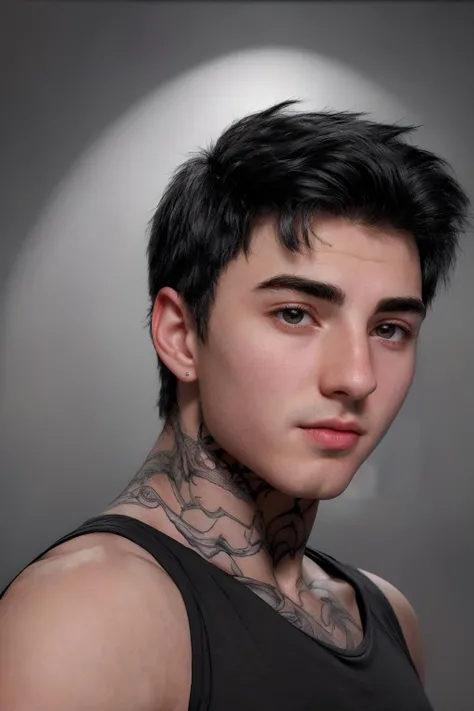 closeup headshot photo of male jakipz <lora:jakipz-08:0.85> wearing a form-fitting black t-shirt, simple dark gray backdrop, soft directional lighting, confident expression