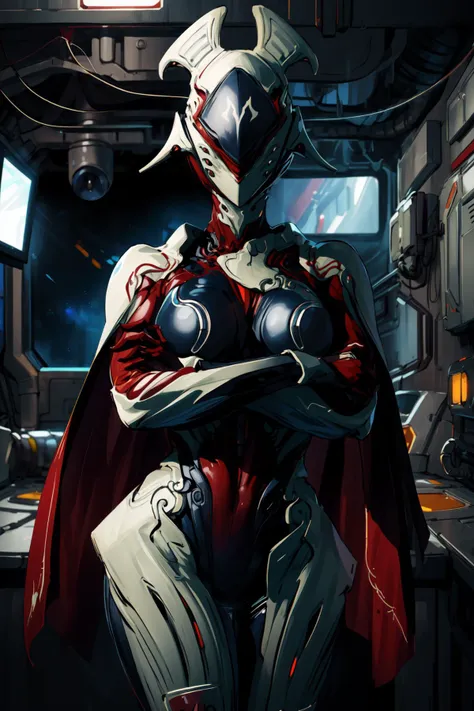 masterpiece,best quality,1girl,Garuda,helmet,bodysuit,armor,face covered,red cape,large breasts,wide hips,thick thighs,standing,crossed arms,bent over,spacecraft interior,science fiction,<lora:garuda:0.8>,