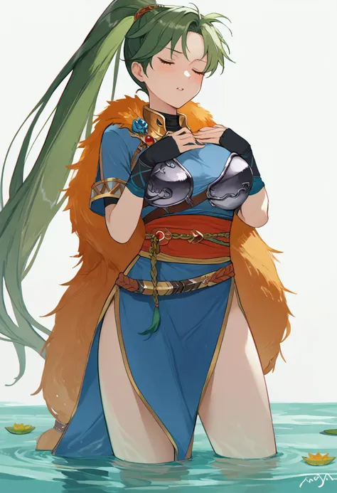 score_9, score_8_up, score_7_up, source_anime, BREAK 1girl, solo, <lora:lyn-pdxl-nvwls-v1:1> brvLyn, green hair, high ponytail, breast armor, blue dress, short sleeves, orange feather boa, sash, side slit, gloves, <lora:agm-artist-richy-v1_pdxl:1> standing, reflective water, standing on water, lily \(flower\), glass, parted lips, closed eyes, blush, partially submerged, hand on own chest, white background