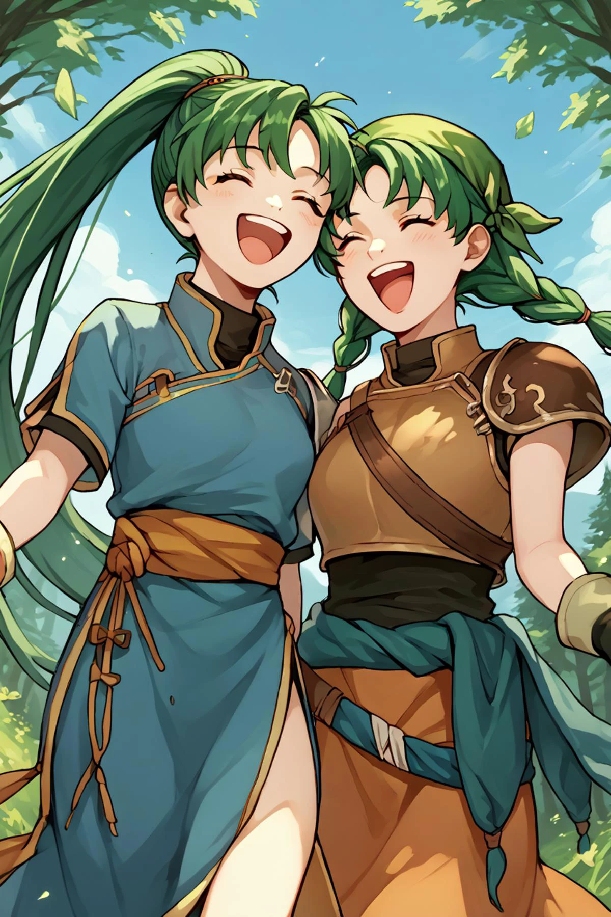 score_9, score_8_up, score_7_up, score_6_up, source_anime, two girls laughing, forest, blue sky BREAK 1girl, solo <lora:lyn-pdxl-nvwls-v1-000005:1> defLyn, green hair, high ponytail, blue dress, short sleeves, side slit, fingerless gloves, happy, closed eyes, happy BREAK <lora:fireemblem_rebecca_ponyXL:1> ferebecca, twin braids, bandana, sleeveless, breastplate, shoulder armor, asymmetrical gloves, fingerless gloves, skirt, closed eyes, laughing, happy, open mouth