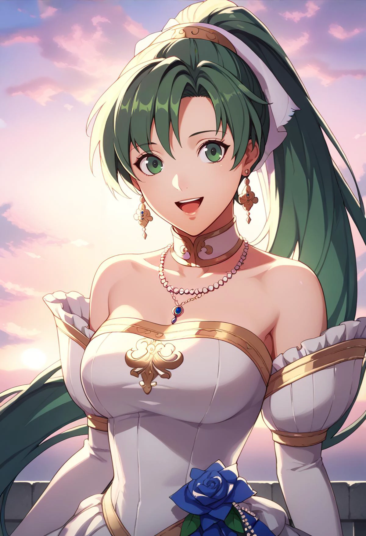 score_9, score_8_up, score_7_up, source_anime, BREAK, solo, 1girl, <lora:lyn-pdxl-nvwls-v1:0.8>, brideLyn, green hair, high ponytail, bridal veil, white choker, necklace, earrings, wedding dress, off-shoulder, elbow gloves, <lora:FE3H-S-Rank-pdxl_Fp:1>, sky, cloud, sunset, looking at viewer, smile, open mouth, upper body,