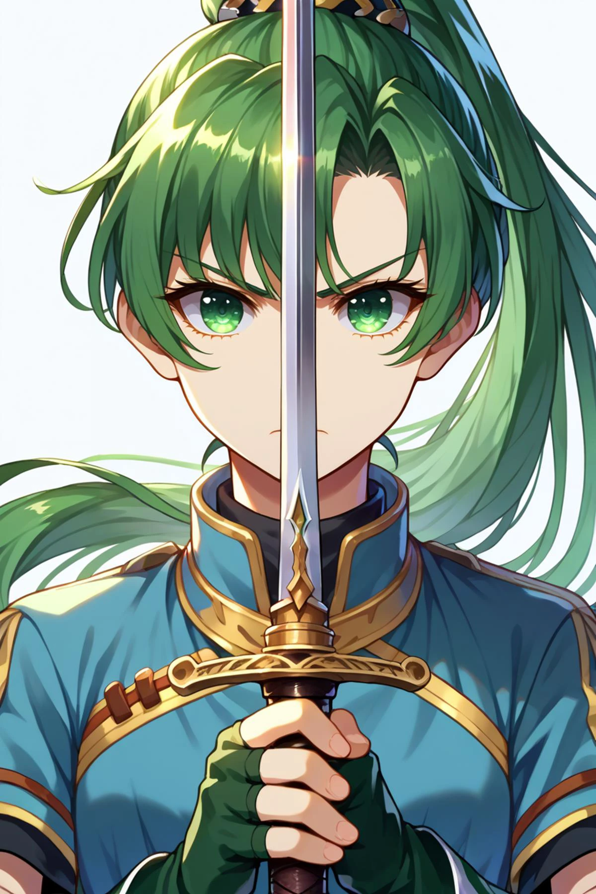 score_9, score_8_up, score_7_up, score_6_up, source_anime BREAK 1girl, solo <lora:lyn-pdxl-nvwls-v1-000005:1> defLyn, green hair, high ponytail, blue dress, short sleeves, fingerless gloves <lora:swordup-pose-richy-v1_pdxl:1.2> swordup, looking at viewer, close-up, simple background, serious