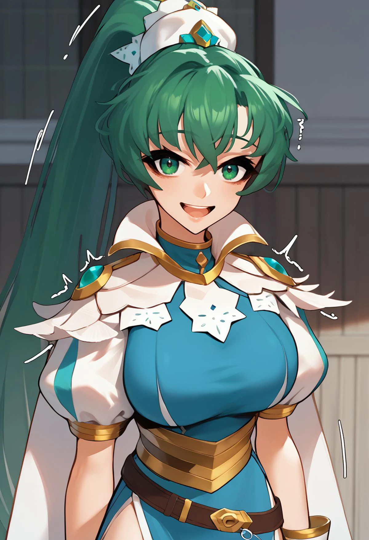 score_9, score_8_up, score_7_up, source_anime, BREAK 1girl, solo, <lora:lyn-pdxl-nvwls-v1:1> <lora:sachiko-artist-richy-v1_pdxl:1> respLyn, green hair, high ponytail, hat, white capelet, blue dress, side slit, puffy sleeves, white sleeves, sash, belt, white gloves, standing, looking at viewer, open mouth, trembling, large breasts, smile