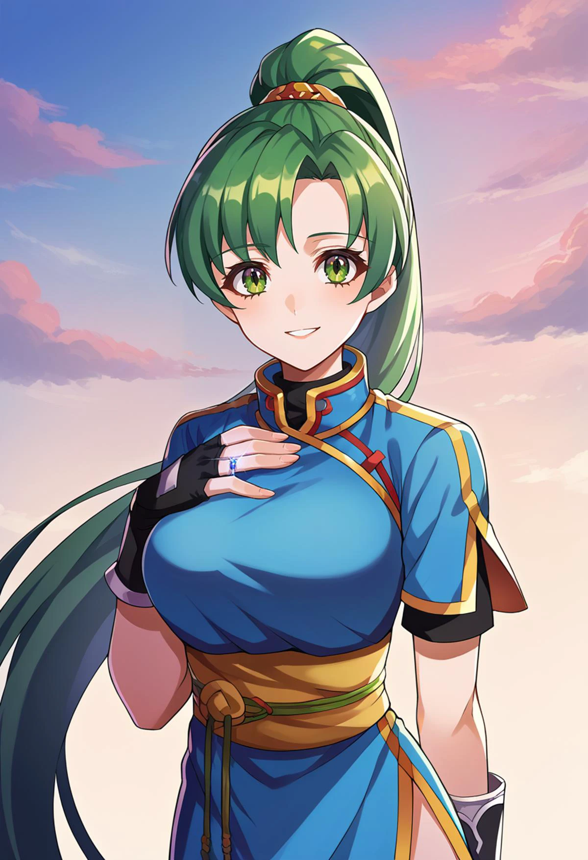 score_9, score_8_up, score_7_up, source_anime, BREAK, solo, 1girl, <lora:lyn-pdxl-nvwls-v1:0.8>, defLyn, green hair, high ponytail, blue dress, short sleeves, sash, side slit, fingerless gloves, large breasts, <lora:FE-ENGAGE-S-RANK-pdxl_Fp-000008:1>, sky, cloudy sky, ring, hand on own chest, smile, upper body, wedding ring, looking at viewer,