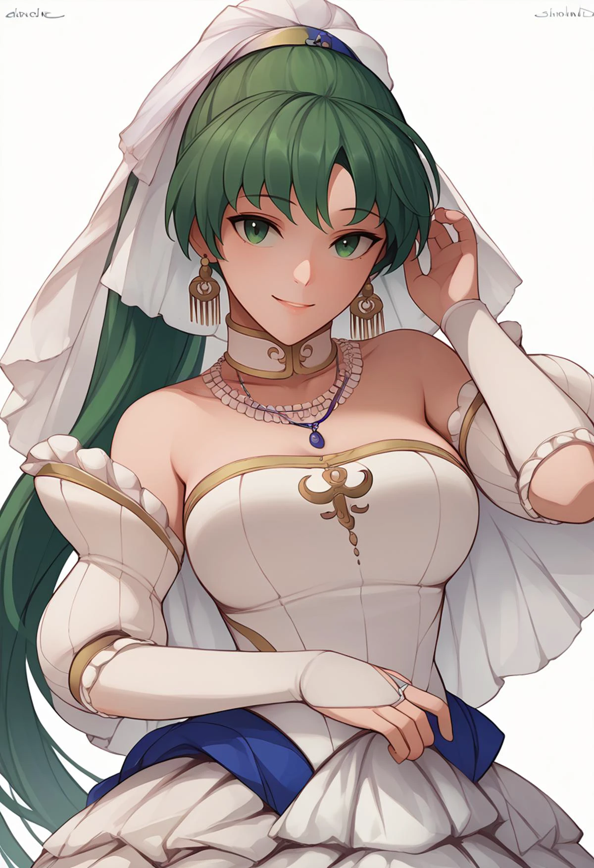 score_9, score_8_up, score_7_up, source_anime, BREAK 1girl, solo, <lora:lyn-pdxl-nvwls-v1:1> <lora:chowbie-artist-richy-v1_pdxl:1> brideLyn, green hair, high ponytail, bridal veil, white choker, necklace, earrings, wedding dress, off-shoulder, elbow gloves, white background, looking at viewer, smile