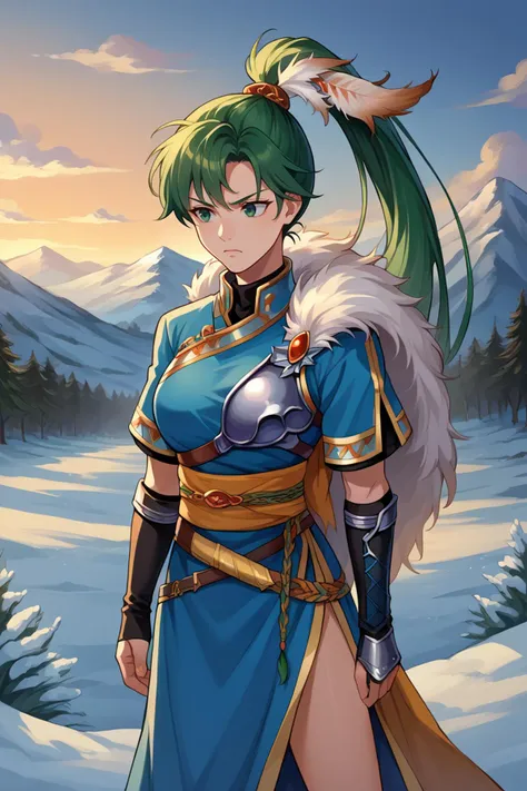 score_9, score_8_up, score_7_up, score_6_up, source_anime BREAK 1girl, solo <lora:lyn-pdxl-nvwls-v1-000005:1> lgdLyn, green hair, high ponytail, feather hair ornament, armor, blue dress, short sleeves, white feather boa, sash, side slit, gauntlets, serious, chiaroscuro, snow, winter, plains, tundra, trees