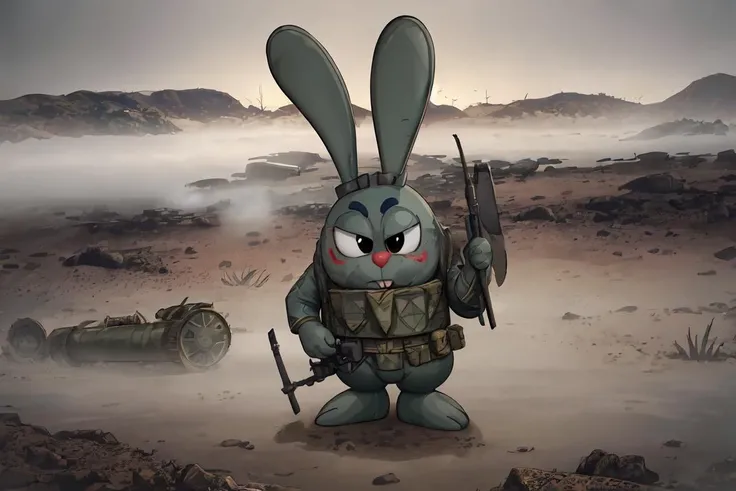 krosh, solo, standing, (( outdoors, battlefield, fog, war , military uniform )), tank, rabbit ears, black eyes, pokemon (creature), no humans, buck teeth,  <lora:krosh-10:0.6>, lightroom, natural, perfect, [oliver wetter|(kodak portra:0.08)|(leibovitz:0.6)], raw, intricate, high quality, mamiya, exposure blend