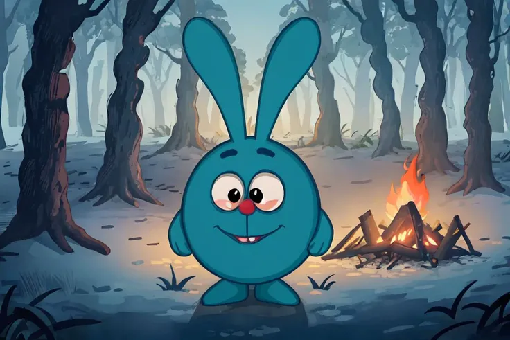 krosh, solo, standing, outdoors, sky, rabbit ears, black eyes, tree, pokemon (creature), no humans, night, fire, star (sky), night sky, buck teeth, campfire <lora:krosh-10:0.6>, slate atmosphere, cinematic, dimmed colors, dark shot, muted colors, film grainy, lut, spooky