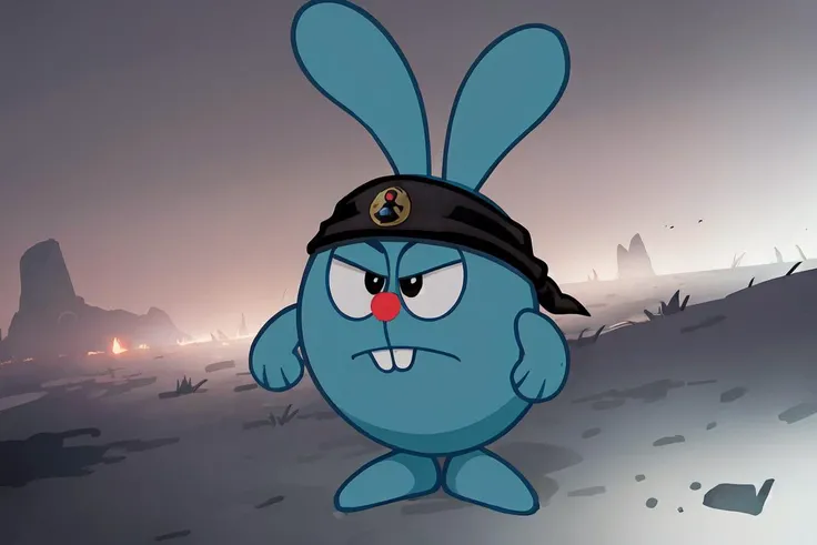krosh, solo, standing, outdoors, sky, rabbit ears, black eyes, pokemon (creature), no humans,, star (sky), night sky, buck teeth, bandana , battlefield, fog, war , military uniform <lora:krosh-10:0.6>, slate atmosphere, cinematic, dimmed colors, dark shot, muted colors, film grainy, lut, spooky