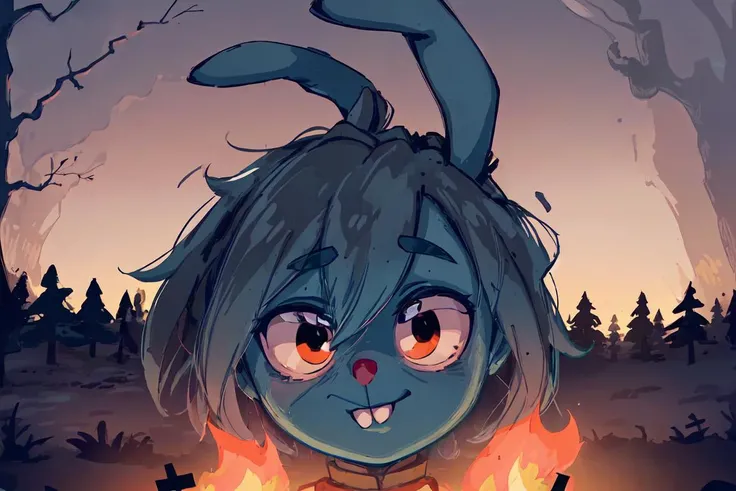 krosh, solo, outdoors, sky, rabbit ears, black eyes, tree, pokemon (creature), no humans, night, fire, star (sky), night sky, buck teeth, campfire <lora:krosh-10:0.6>, (cinematic look:1.4), soothing tones, insane details, intricate details, hyperdetailed, low contrast, soft cinematic light, dim colors, exposure blend, hdr, faded, slate gray atmosphere