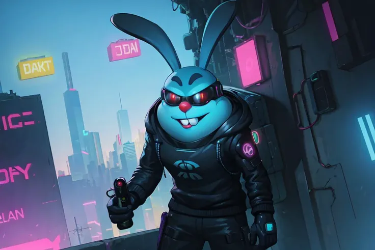 krosh, solo, standing, (( cyberpunk )), tank, rabbit ears, black eyes, pokemon (creature), no humans, buck teeth,  <lora:krosh-10:0.6>