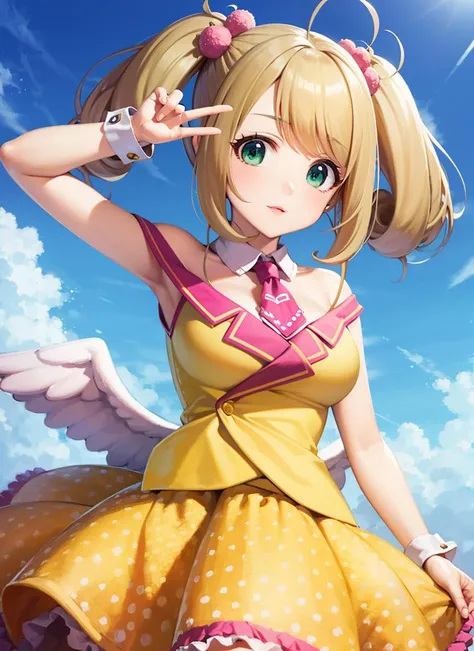 masterpiece, best quality, ultra-detailed, illustration, <lora:sato_shin-v10:0.9>, sato shin, short twintails, blonde hair, ahoge, green eyes, 1girl, solo, large breasts,
base_outfit,
, hair ornament, hair bobbles
, bare shoulders, detached collar, sleeveless, necktie, pink necktie, wrist cuffs, yellow shirt, dress, off shoulder
, wings, fake wings
, yellow skirt, pink skirt, skirt, frilled skirt, frills, polka dot