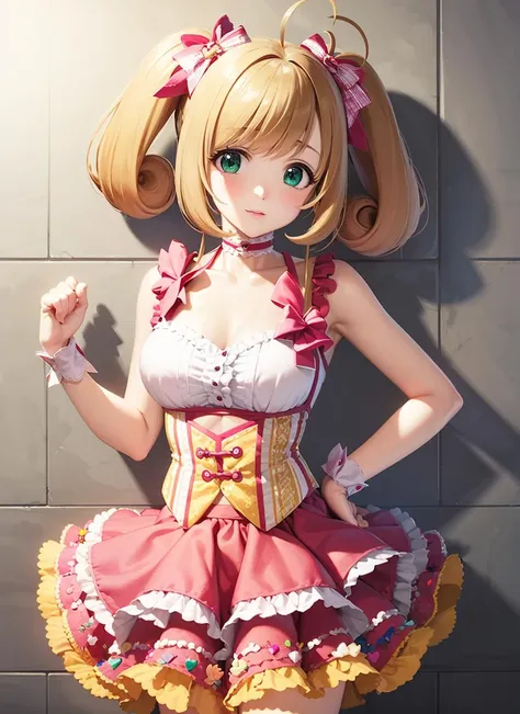 masterpiece, best quality, ultra-detailed, illustration, <lora:sato_shin-v10:0.9>, sato shin, short twintails, blonde hair, ahoge, green eyes, 1girl, solo, large breasts
, ssr1_outfit, heart ahoge
, hair bow, bow, pink bow
, choker, pink choker
, dress, pink dress, sleeveless, sleeveless dress, frills, navel, wrist cuffs, ribbon, frilled dress, bare shoulders, collarbone
, heart, skirt, pink skirt