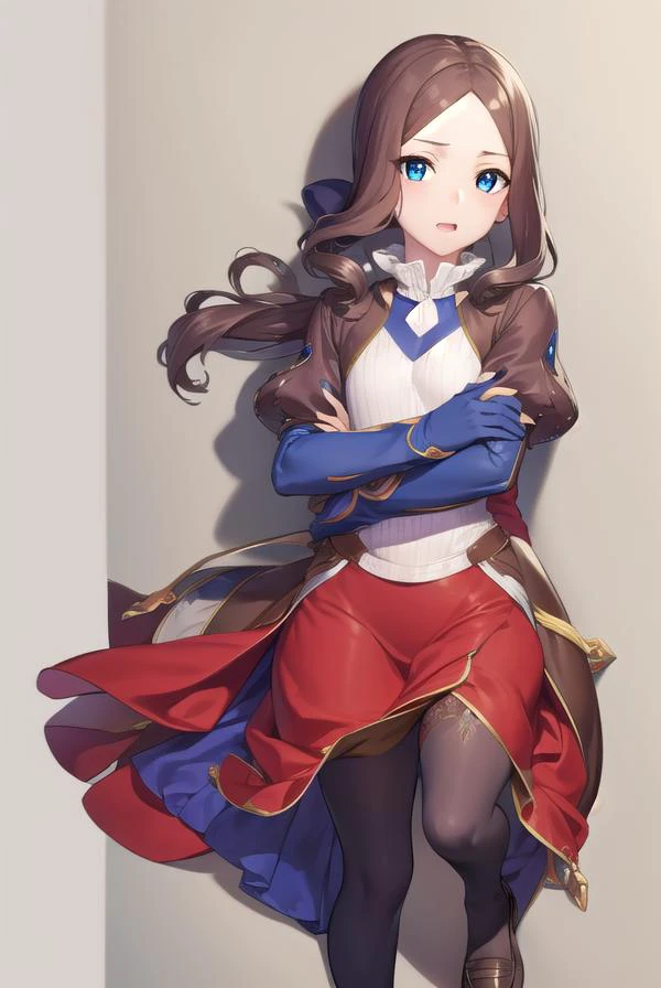leonardodavinci, <lora:leonardodavincirider-lora-nochekaiser:1>,
leonardo da vinci rider, blue eyes, brown hair, long hair, parted bangs, (small breasts:1.2), <lora:talkmouth_E_v100:1>, open mouth,
BREAK black footwear, brown jacket, elbow gloves, gloves, jacket, loafers, metal gloves, pantyhose, red skirt, shoes, skirt, puffy sleeves, thighhighs, blue thighhighs,
BREAK looking at viewer, full body, upper body,
BREAK indoors,
BREAK <lyco:GoodHands-beta2:1>, (masterpiece:1.2), best quality, high resolution, unity 8k wallpaper, (illustration:0.8), (beautiful detailed eyes:1.6), extremely detailed face, perfect lighting, extremely detailed CG, (perfect hands, perfect anatomy),