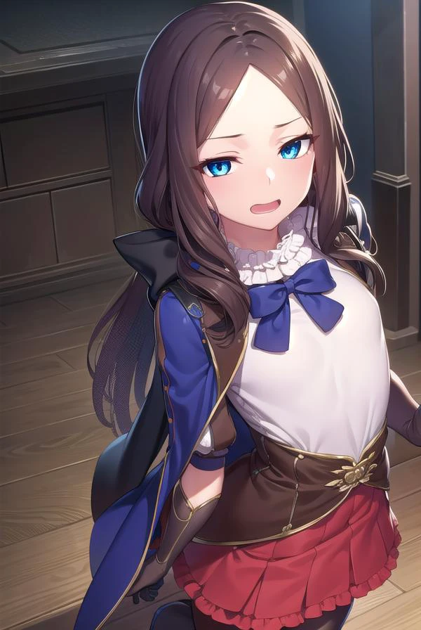 leonardodavinci, <lora:leonardodavincirider-lora-nochekaiser:1>,
leonardo da vinci rider, blue eyes, brown hair, long hair, parted bangs, (small breasts:1.2), <lora:smirkingeye_v100:1>, <lora:smirkingmouth_v100:1>, open mouth,
BREAK black footwear, brown jacket, elbow gloves, gloves, jacket, loafers, metal gloves, pantyhose, red skirt, shoes, skirt, puffy sleeves, thighhighs, blue thighhighs,
BREAK looking at viewer, full body, upper body,
BREAK indoors,
BREAK <lyco:GoodHands-beta2:1>, (masterpiece:1.2), best quality, high resolution, unity 8k wallpaper, (illustration:0.8), (beautiful detailed eyes:1.6), extremely detailed face, perfect lighting, extremely detailed CG, (perfect hands, perfect anatomy),