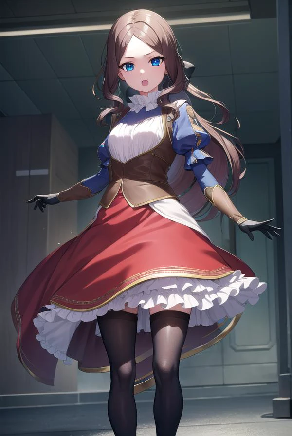 leonardodavinci, <lora:leonardodavincirider-lora-nochekaiser:1>,
leonardo da vinci rider, blue eyes, brown hair, long hair, parted bangs, (small breasts:1.2), <lora:smirkingeye_v100:1>, <lora:smirkingmouth_v100:1>, open mouth,
BREAK black footwear, brown jacket, elbow gloves, gloves, jacket, loafers, metal gloves, pantyhose, red skirt, shoes, skirt, puffy sleeves, thighhighs, blue thighhighs,
BREAK looking at viewer, full body, upper body,
BREAK indoors,
BREAK <lyco:GoodHands-beta2:1>, (masterpiece:1.2), best quality, high resolution, unity 8k wallpaper, (illustration:0.8), (beautiful detailed eyes:1.6), extremely detailed face, perfect lighting, extremely detailed CG, (perfect hands, perfect anatomy),