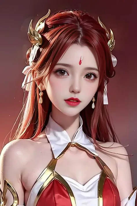 Girl, young and beautiful, tall and beautiful, fair face, perfect features, tall and beautiful, fair skin, good figure, heroic and valiant, heroic and valiant, wearing ancient Chinese armor, female general, Chinese landscape background, standing on the top of the mountain, 500 years ago, starry night, realistic, detailed, 8k, <lora:chilloutmixss_xss10:0.3> mix4, <lora:lasta-000018:0.5>red_dress,starry sky, fire, red hair, solo, hair ornament, long hair, red eyes, jewelry, earrings, dress, bare shoulders, red lips, upper body, white background, facial mark, crescent, lipstick, forehead mark, looking at viewer