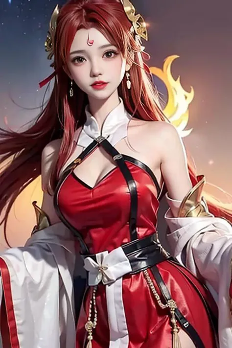 Girl, young and beautiful, tall and beautiful, fair face, perfect features, tall and beautiful, fair skin, good figure, heroic and valiant, heroic and valiant, wearing ancient Chinese armor, female general, Chinese landscape background, standing on the top of the mountain, 500 years ago, starry night, realistic, detailed, 8k, <lora:chilloutmixss_xss10:0.3> mix4, <lora:lasta-000018:0.5>red_dress,starry sky, fire, red hair, solo, hair ornament, long hair, red eyes, jewelry, earrings, dress, bare shoulders, red lips, upper body, white background, facial mark, crescent, lipstick, forehead mark, looking at viewer