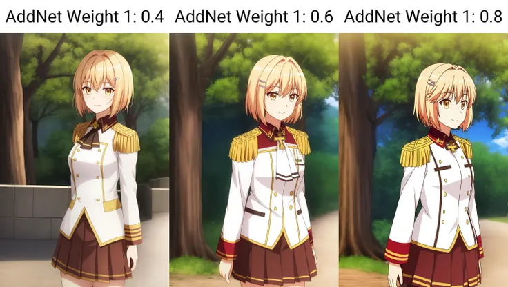 liscia, 1girl, solo, smile, short_hair, skirt, blonde_hair, hair_ornament, brown_eyes, yellow_eyes, pleated_skirt, hairclip, uniform, tree, ascot, military_uniform, cross, epaulettes