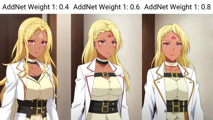 hilde, 1girl, solo, long_hair, breasts, blonde_hair, shirt, red_eyes, closed_mouth, collarbone, jacket, upper_body, braid, open_clothes, choker, belt, dark_skin, pink_eyes, dark-skinned_female, coat, makeup, facial_mark, white_jacket, lipstick, open_coat, forehead_mark, underbust, white_coat