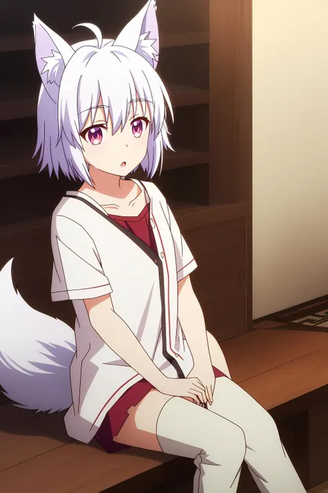 tomoe, 1girl, solo, looking_at_viewer, short_hair, open_mouth, bangs, shirt, red_eyes, dress, animal_ears, hair_between_eyes, sitting, purple_eyes, collarbone, tail, white_shirt, ahoge, white_hair, short_sleeves, parted_lips, pants, :o, flat_chest, animal_ear_fluff, torn_clothes, fox_ears, feet_out_of_frame, fox_tail, wolf_ears, own_hands_together, fox_girl, wolf_tail
