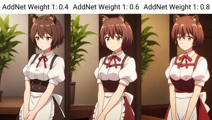 sandria, 1girl, solo, short_hair, brown_hair, shirt, dress, bow, ribbon, animal_ears, brown_eyes, closed_mouth, standing, white_shirt, short_sleeves, puffy_sleeves, apron, red_ribbon, puffy_short_sleeves, looking_to_the_side, maid, neck_ribbon, looking_away, expressionless, own_hands_together, plant, waist_apron, v_arms, waitress, raccoon_ears