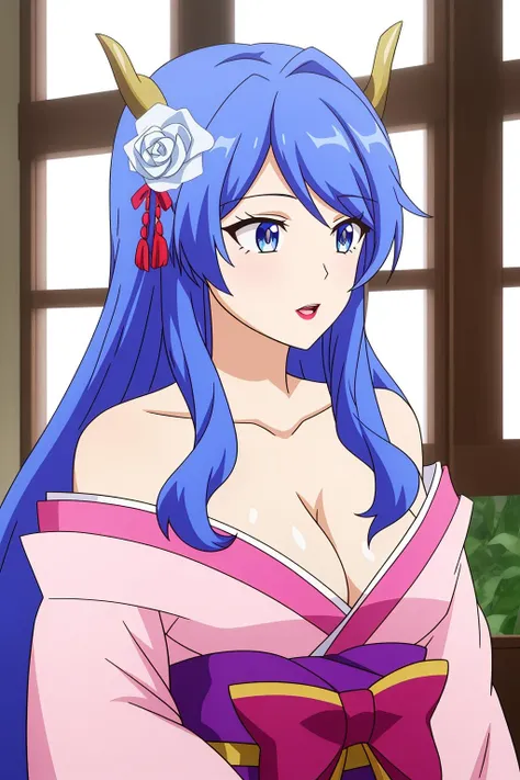 excel, 1girl, solo, long_hair, breasts, open_mouth, blue_eyes, hair_ornament, bow, cleavage, bare_shoulders, medium_breasts, blue_hair, collarbone, upper_body, flower, sidelocks, japanese_clothes, horns, hair_flower, kimono, makeup, rose, hair_tubes, lipstick, pink_bow, anime_coloring