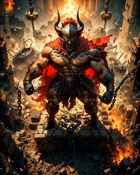 (from above:1.4), horror, (full body:1.4) photo, The demon , massive muscles and (gigantic horns:1.4) that protruded from his helmet, (android parts:1.4), dark skin, furs, 
 (fighting stance, dynaimc pose), (chain:1.4), (raises arms to the sky), armor, weapon, gigantic  shield, red cape, and his eyes were a fiery red, burn in hell,ruined town, explosion, r1ge,
(masterpiece,best quality, realistic detail:1.4) <lora:bulkedupAI_bulkedupAIR15:0.2> <lora:Clothing - Spartan Armor:0.6> <lora:r1ge - AnimeRage:0.5>  <lora:FINAL  Robort:0.4>