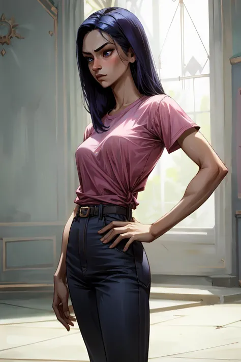<lora:add_detail:1>, <lora:GoodHands-vanilla:1>, <lora:caitlyn-02:0.75>, c41tlyn, 1girl ,pink t shirt, pants