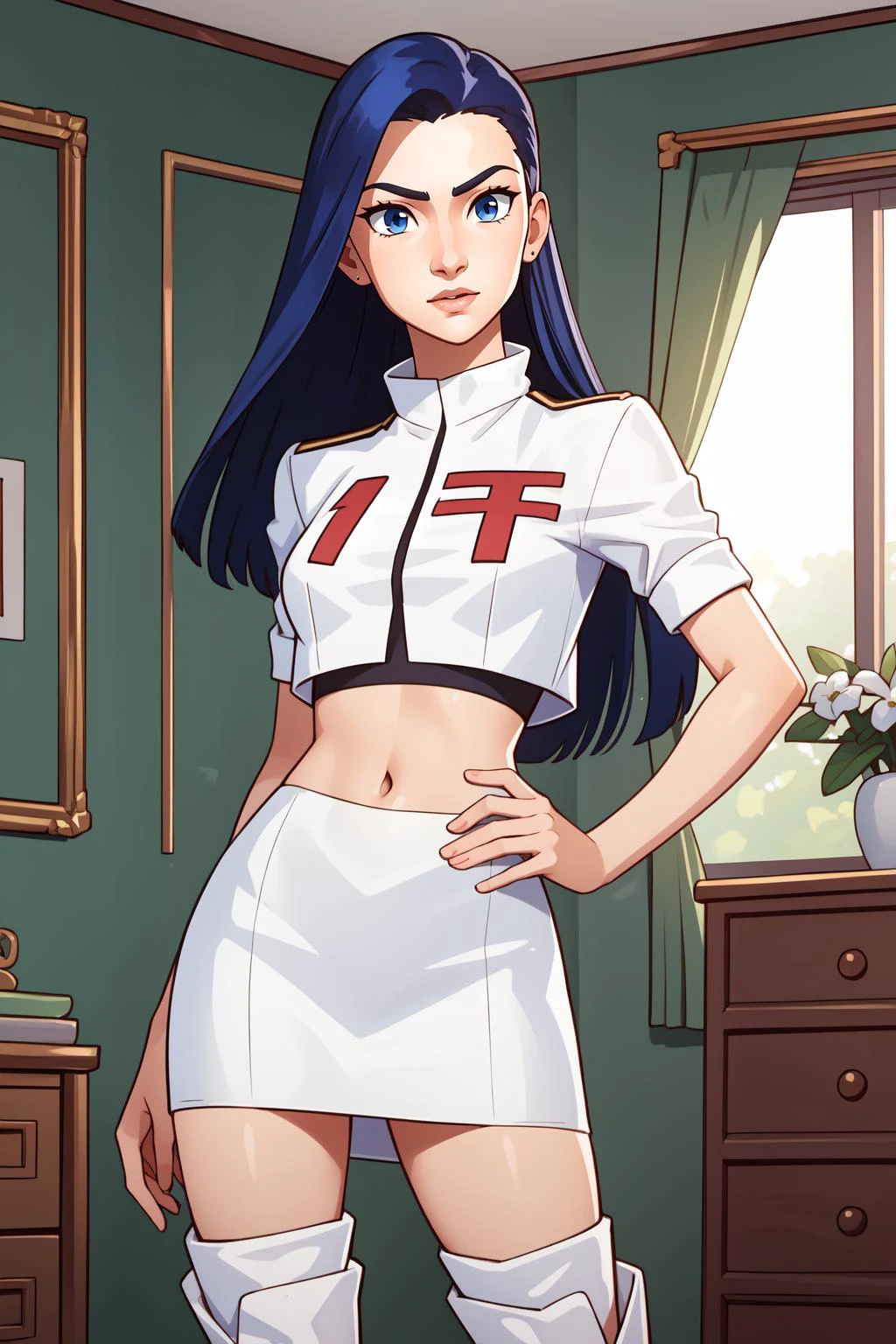(masterpiece, best quality), intricate details,
1girl, <lora:Arcane_caitlyn-v2:0.8> c41tlyn, 1girl,
<lora:team-rocket-uniform-08:0.8> team rocket uniform, white jacket, white skirt, thighhigh boots, midriff,