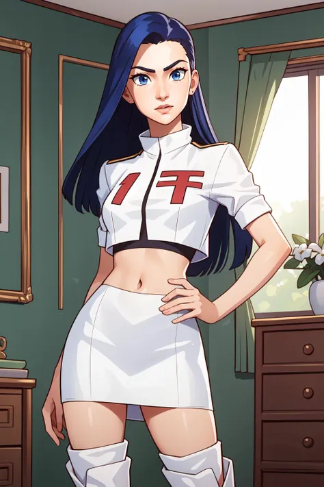 (masterpiece, best quality),  intricate details,
1girl,  <lora:Arcane_caitlyn-v2:0.8> c41tlyn, 1girl, 
 <lora:team-rocket-uniform-08:0.8> team rocket uniform, white jacket, white skirt, thighhigh boots, midriff,