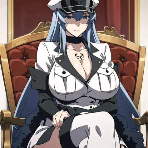 masterpiece, best quality, very detailed
Esdeath, 1girl, solo, long_hair, breasts, large_breasts, thighhighs, hat, cleavage, sitting, boots, choker, uniform, zettai_ryouiki, military, military_uniform, tattoo, thigh_boots, chair, crossed_legs, peaked_cap, (((busty, huge_breasts))) <lora:Esdeath:0.8>
