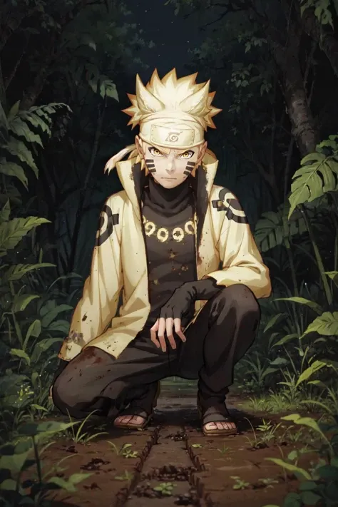 <lora:Naruto_SixPaths:0.95>, Naruto, 1boy, black bodysuit, tomoe \(symbol\), yellow eyes, symbol-shape pupils, gold hair, headband, golden jacket, facial mark, high collar, fingerless gloves, crouch, jungle, night, mud, dirt, leaves, bushes, looking away, serious, gold sandals