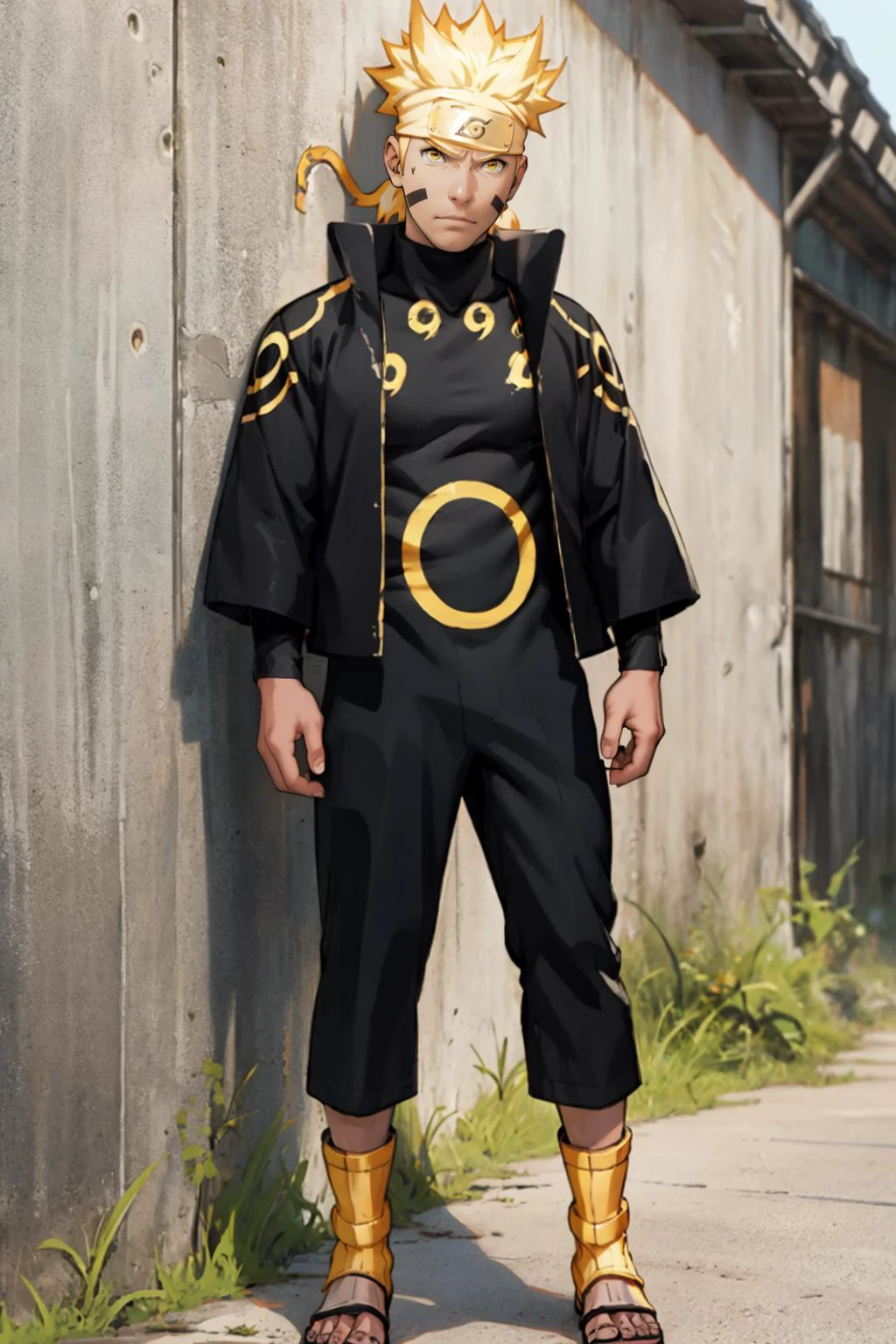 best quality, Mature male, Against a wall, <lora:Naruto_SixPaths-10:.9> Naruto, 1boy, yellow eyes, symbol-shape pupils, gold hair, headband, facial mark, Black bodysuit, tomoe \(symbol\), golden jacket, high collar, full body, golden sandals
