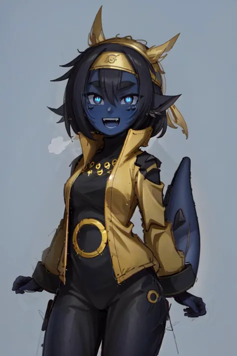 <lora:Naruto_SixPaths:0.95>, black bodysuit, tomoe \(symbol\), yellow eyes, symbol-shape pupils, gold hair, headband, golden jacket, high collar, ((1girl, solo)), (blue skin), colored skin, masterpiece, best quality, glowing eyes, Smouldie, short hair, (tail:1.1), :D, fangs, looking at viewer <lora:Smolder1_1:0.94>