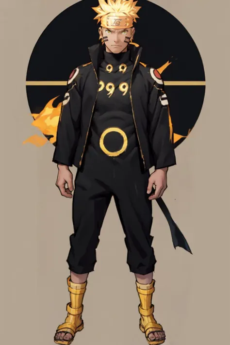 best quality, Mature male, Standing, <lora:Naruto_SixPaths-10:.9> Naruto, 1boy, yellow eyes, symbol-shape pupils, gold hair, headband, facial mark, Black bodysuit, tomoe \(symbol\), golden jacket, high collar, full body,  golden sandals