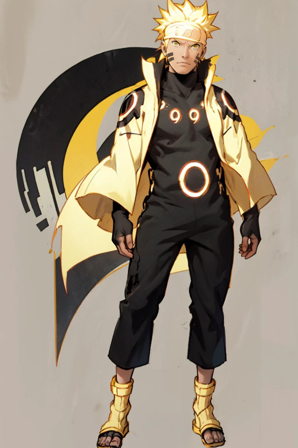 best quality, Mature male, Mid-range, <lora:Naruto_SixPaths-10:.9> Naruto, 1boy, yellow eyes, symbol-shape pupils, gold hair, headband, facial mark, Black bodysuit, tomoe \(symbol\), golden jacket, high collar, full body, golden sandals