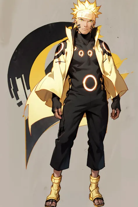 best quality, Mature male, Mid-range, <lora:Naruto_SixPaths-10:.9> Naruto, 1boy, yellow eyes, symbol-shape pupils, gold hair, headband, facial mark, Black bodysuit, tomoe \(symbol\), golden jacket, high collar, full body,  golden sandals