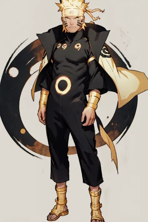 best quality, Mature male, looking over one shoulder, <lora:Naruto_SixPaths-10:.9> Naruto, 1boy, yellow eyes, symbol-shape pupils, gold hair, headband, facial mark, Black bodysuit, tomoe \(symbol\), golden jacket, high collar, full body, golden sandals