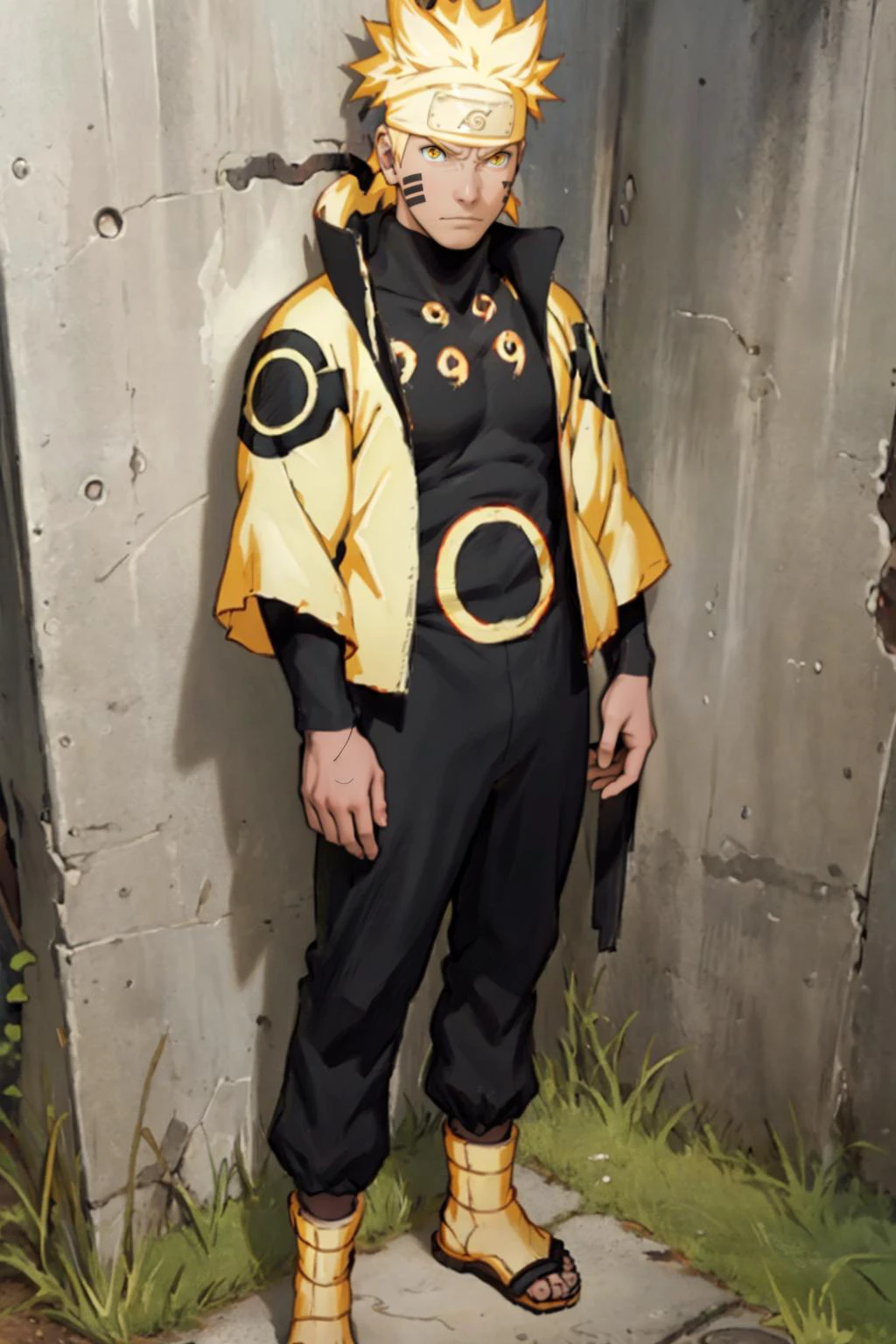 best quality, Mature male, Against a wall, <lora:Naruto_SixPaths-10:.9> Naruto, 1boy, yellow eyes, symbol-shape pupils, gold hair, headband, facial mark, Black bodysuit, tomoe \(symbol\), golden jacket, high collar, full body, golden sandals